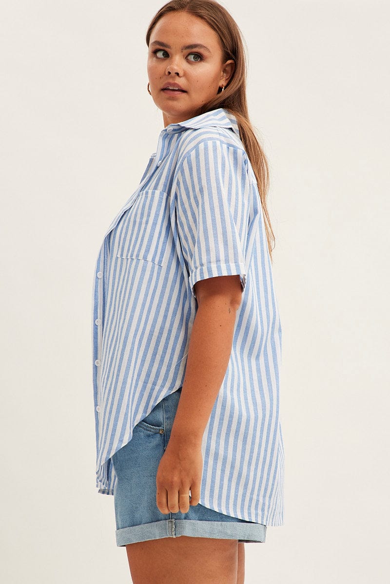 Blue Stripe Relaxed Shirt Short Sleeve Button Up for YouandAll Fashion