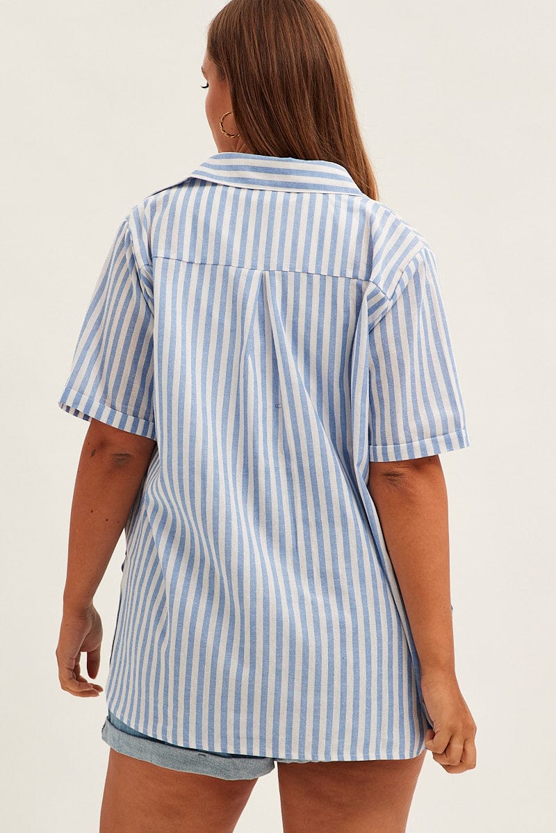 Blue Stripe Relaxed Shirt Short Sleeve Button Up for YouandAll Fashion