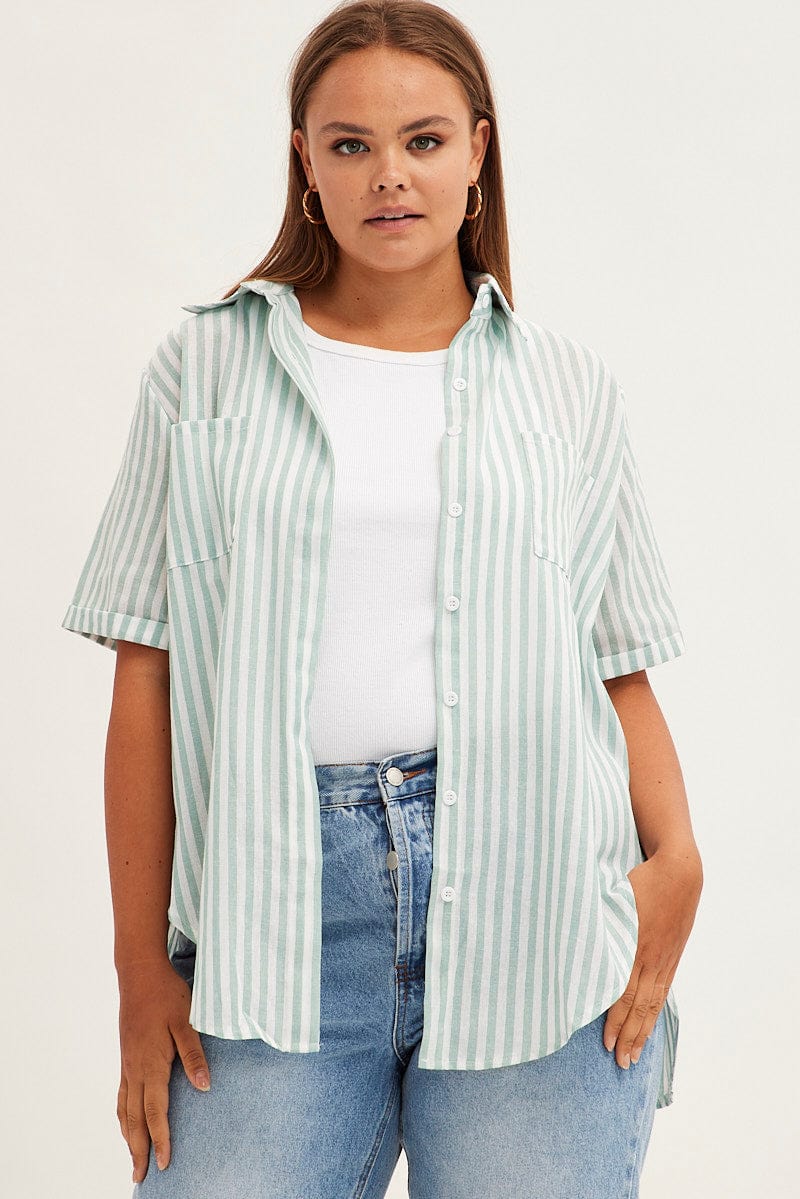 Green Stripe Relaxed Shirt Short Sleeve Button Up for YouandAll Fashion