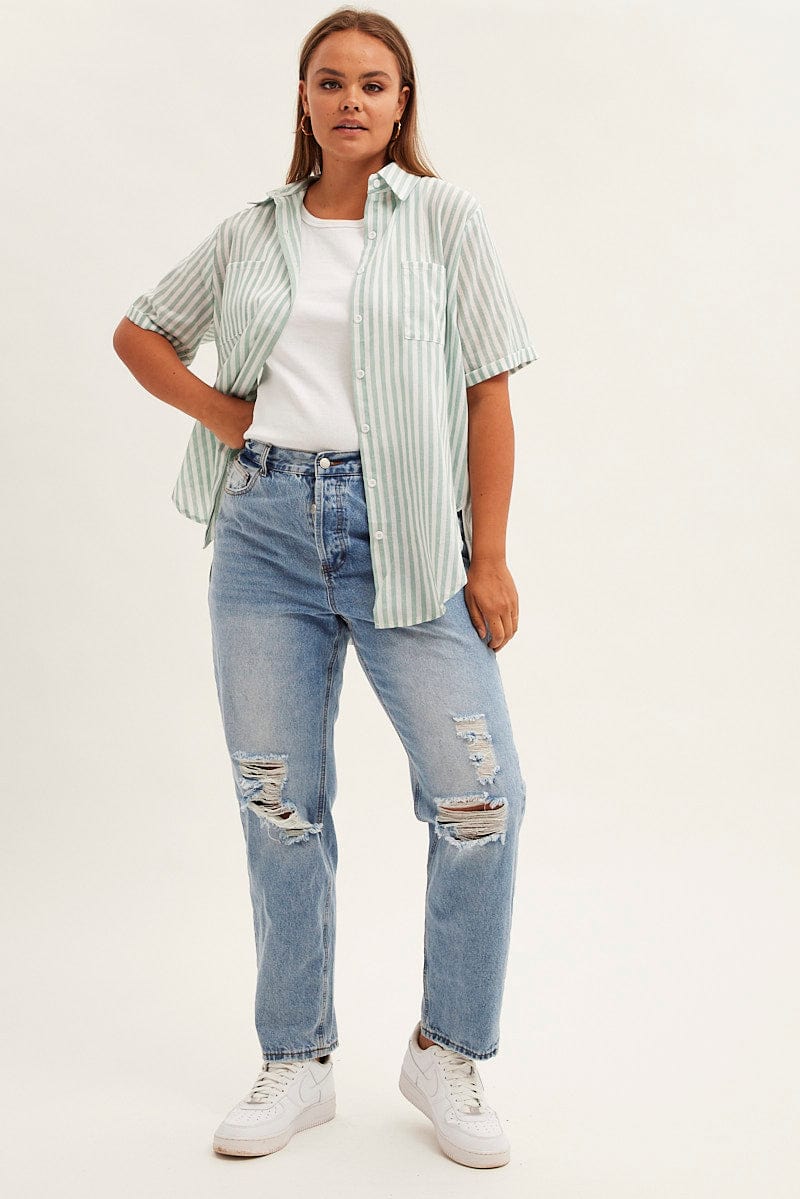 Green Stripe Relaxed Shirt Short Sleeve Button Up for YouandAll Fashion