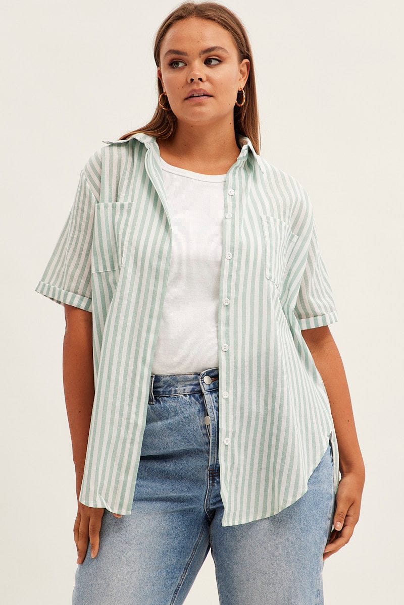 Green Stripe Relaxed Shirt Short Sleeve Button Up for YouandAll Fashion