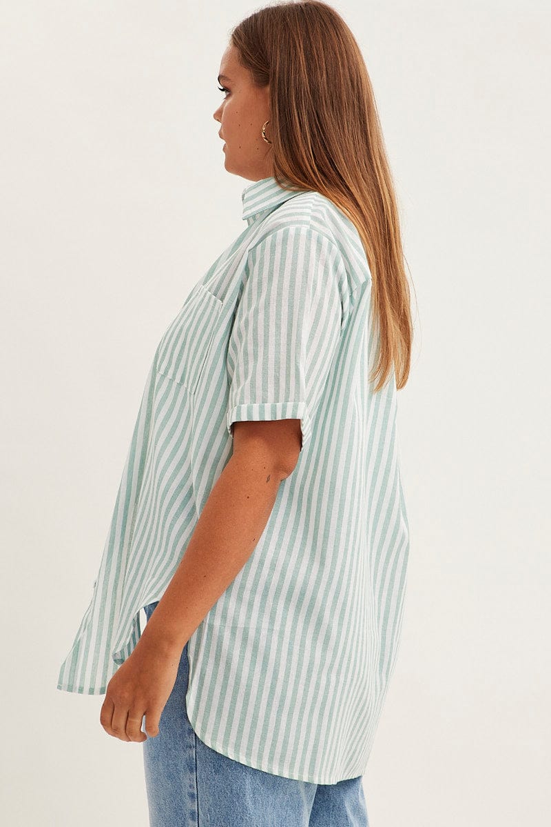 Green Stripe Relaxed Shirt Short Sleeve Button Up for YouandAll Fashion