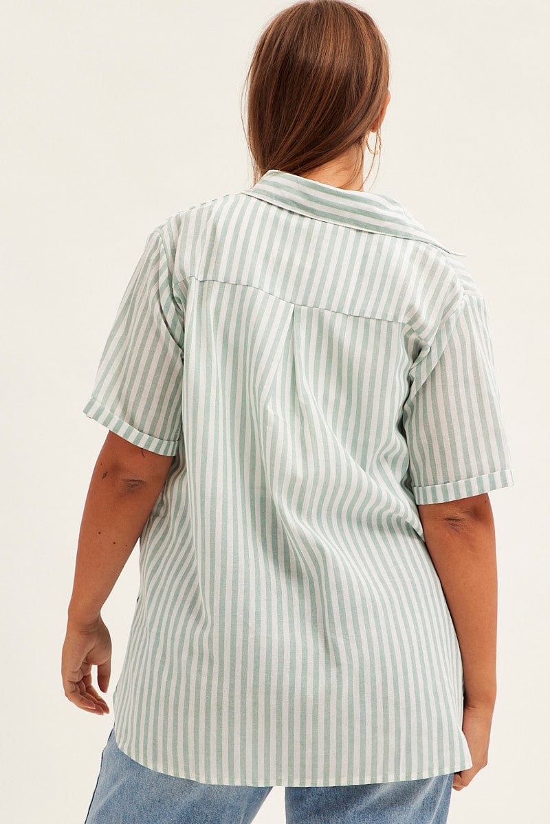 Green Stripe Relaxed Shirt Short Sleeve Button Up for YouandAll Fashion