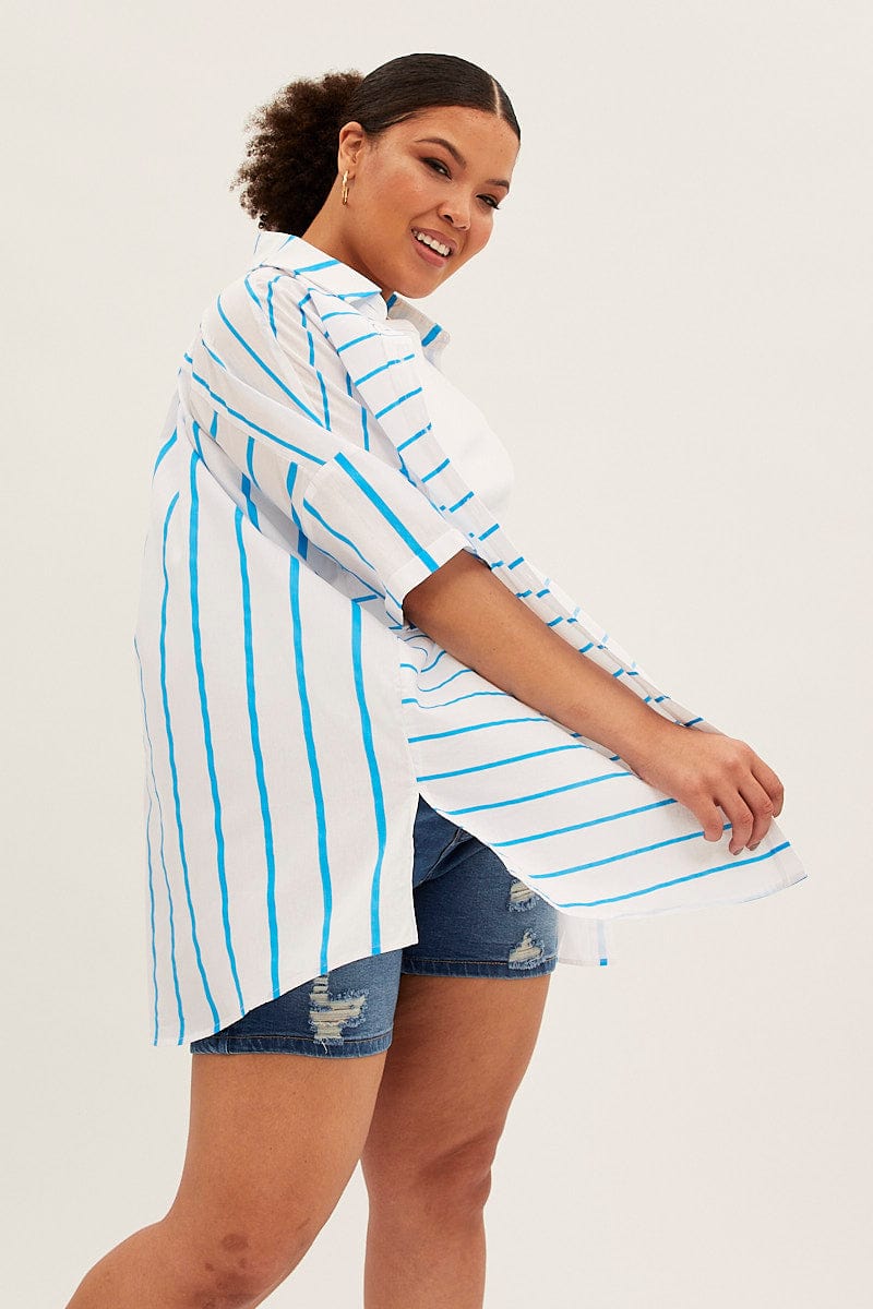 Blue Stripe Oversized Shirts Short Sleeve Button Up for YouandAll Fashion