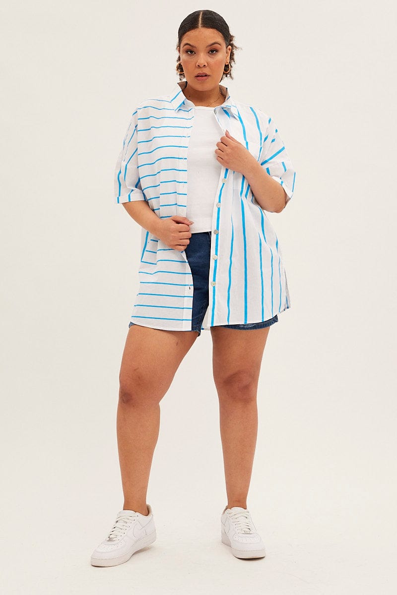 Blue Stripe Oversized Shirts Short Sleeve Button Up for YouandAll Fashion