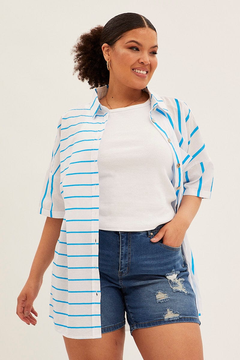 Blue Stripe Oversized Shirts Short Sleeve Button Up for YouandAll Fashion