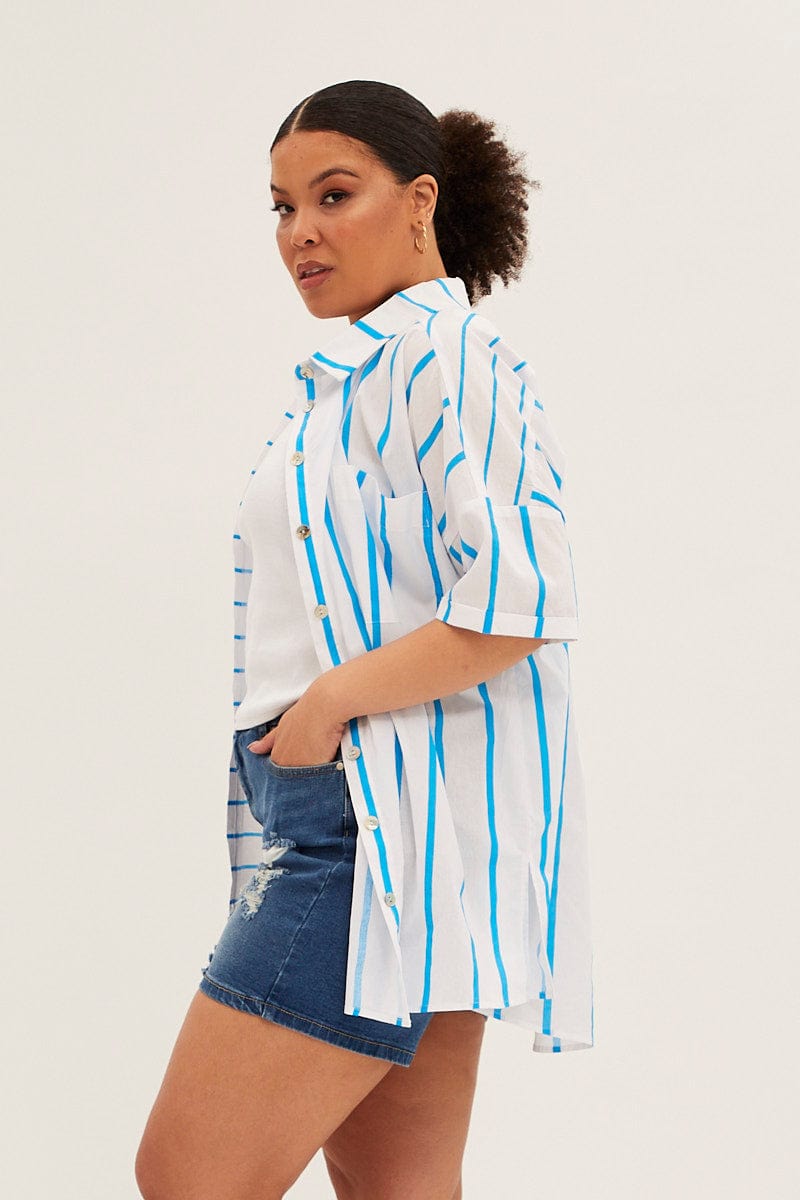 Blue Stripe Oversized Shirts Short Sleeve Button Up for YouandAll Fashion