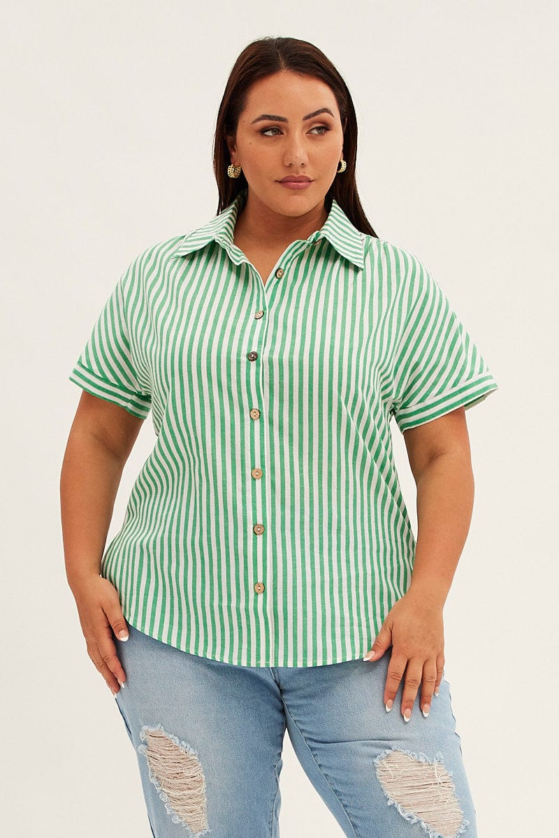 Green Stripe Relaxed Shirt Short Sleeve Button Up for YouandAll Fashion