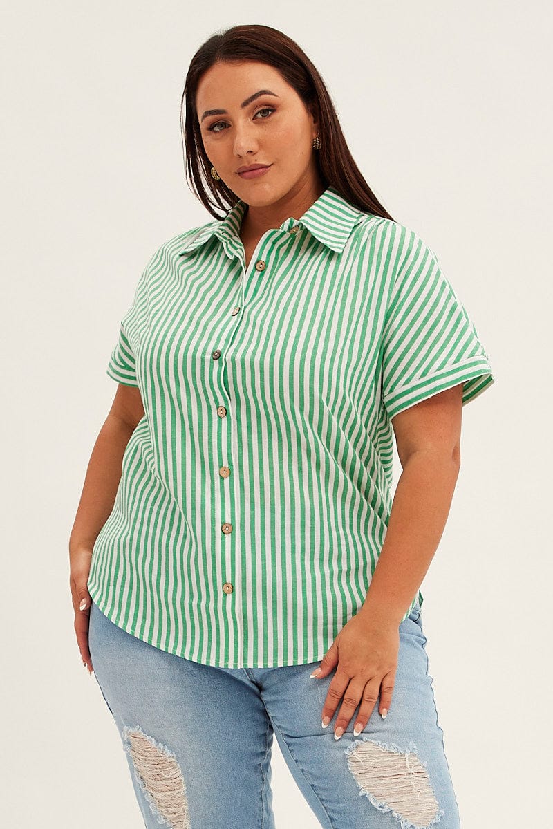 Green Stripe Relaxed Shirt Short Sleeve Button Up for YouandAll Fashion