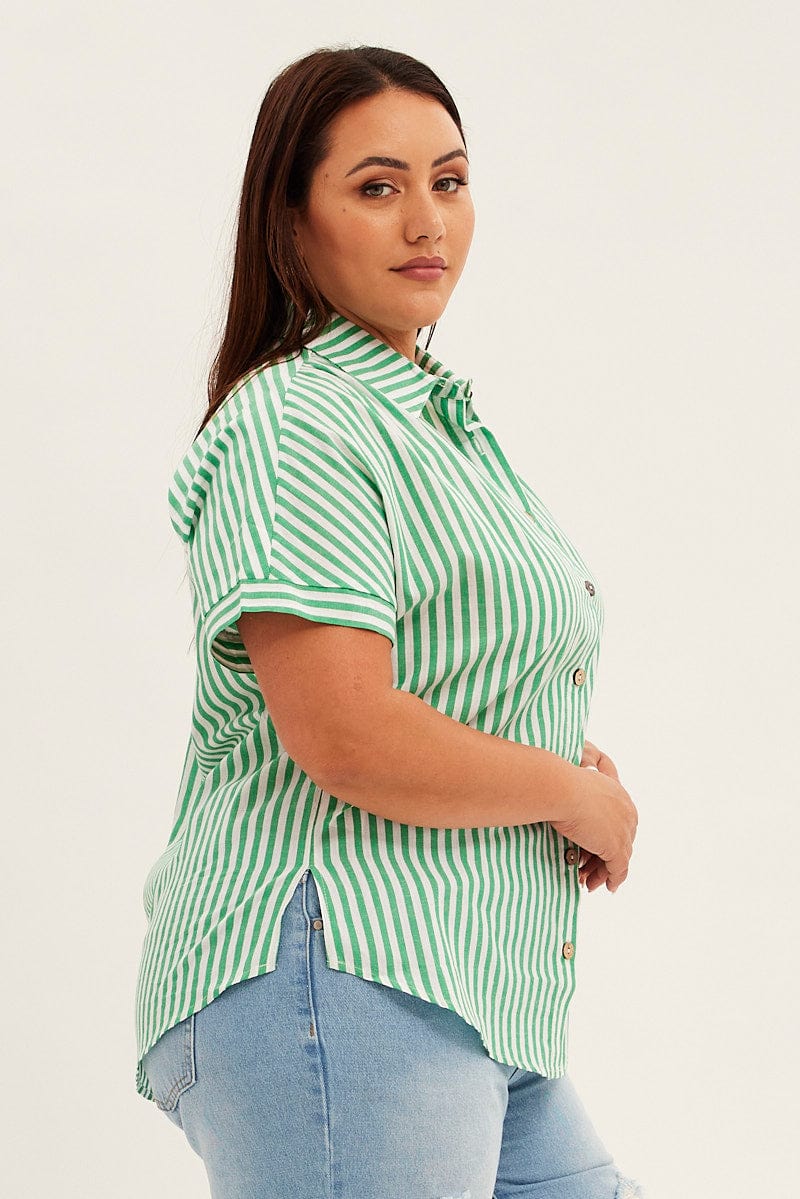 Green Stripe Relaxed Shirt Short Sleeve Button Up for YouandAll Fashion