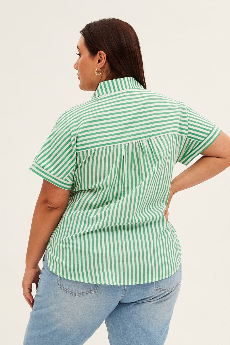 Green Stripe Relaxed Shirt Short Sleeve Button Up for YouandAll Fashion