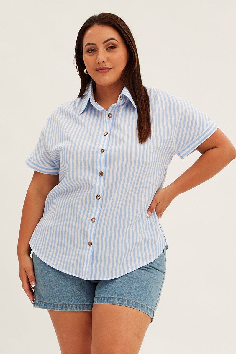 Blue Stripe Relaxed Shirt Short Sleeve Button Up for YouandAll Fashion