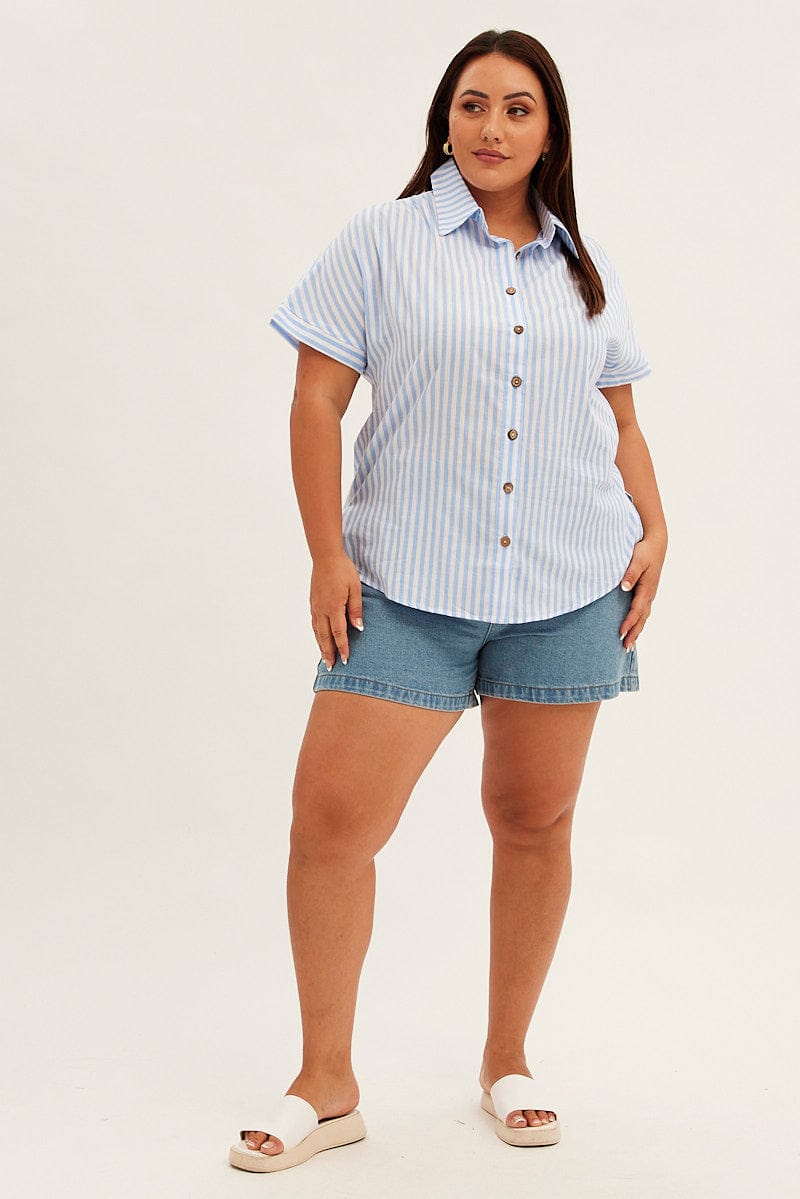 Blue Stripe Relaxed Shirt Short Sleeve Button Up for YouandAll Fashion