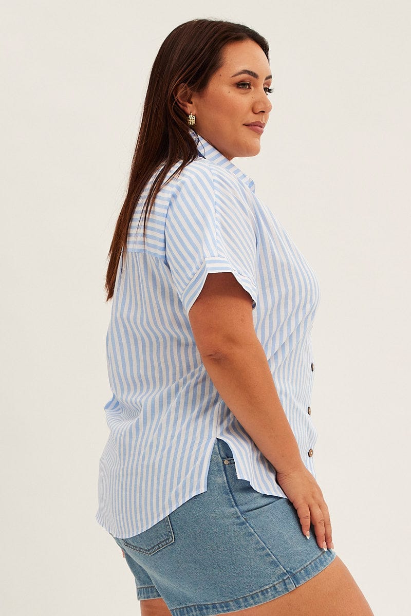 Blue Stripe Relaxed Shirt Short Sleeve Button Up for YouandAll Fashion