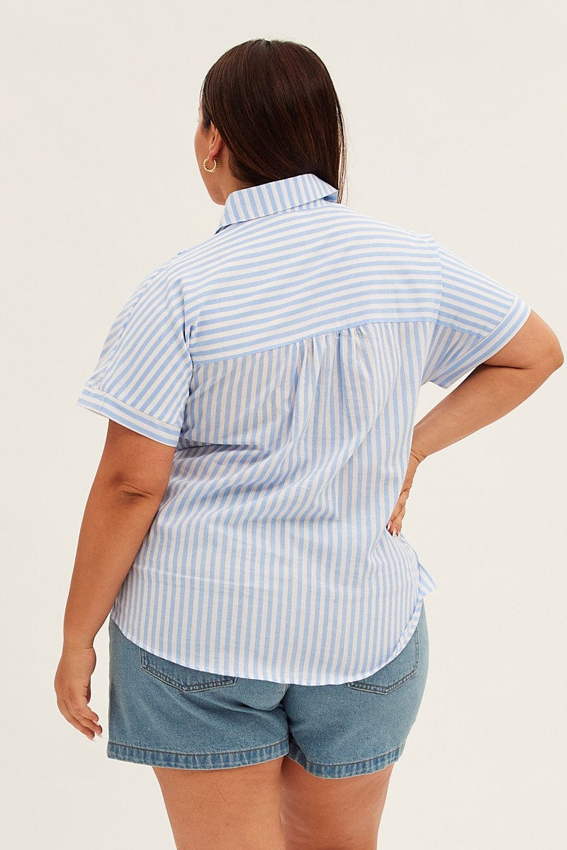 Blue Stripe Relaxed Shirt Short Sleeve Button Up for YouandAll Fashion