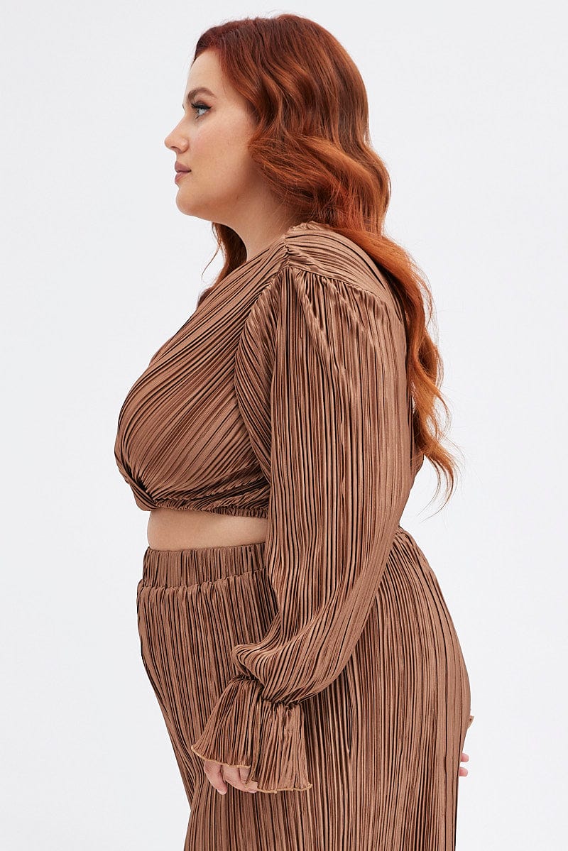 Brown Wrap Top Long Sleeve Crop Plisse for YouandAll Fashion