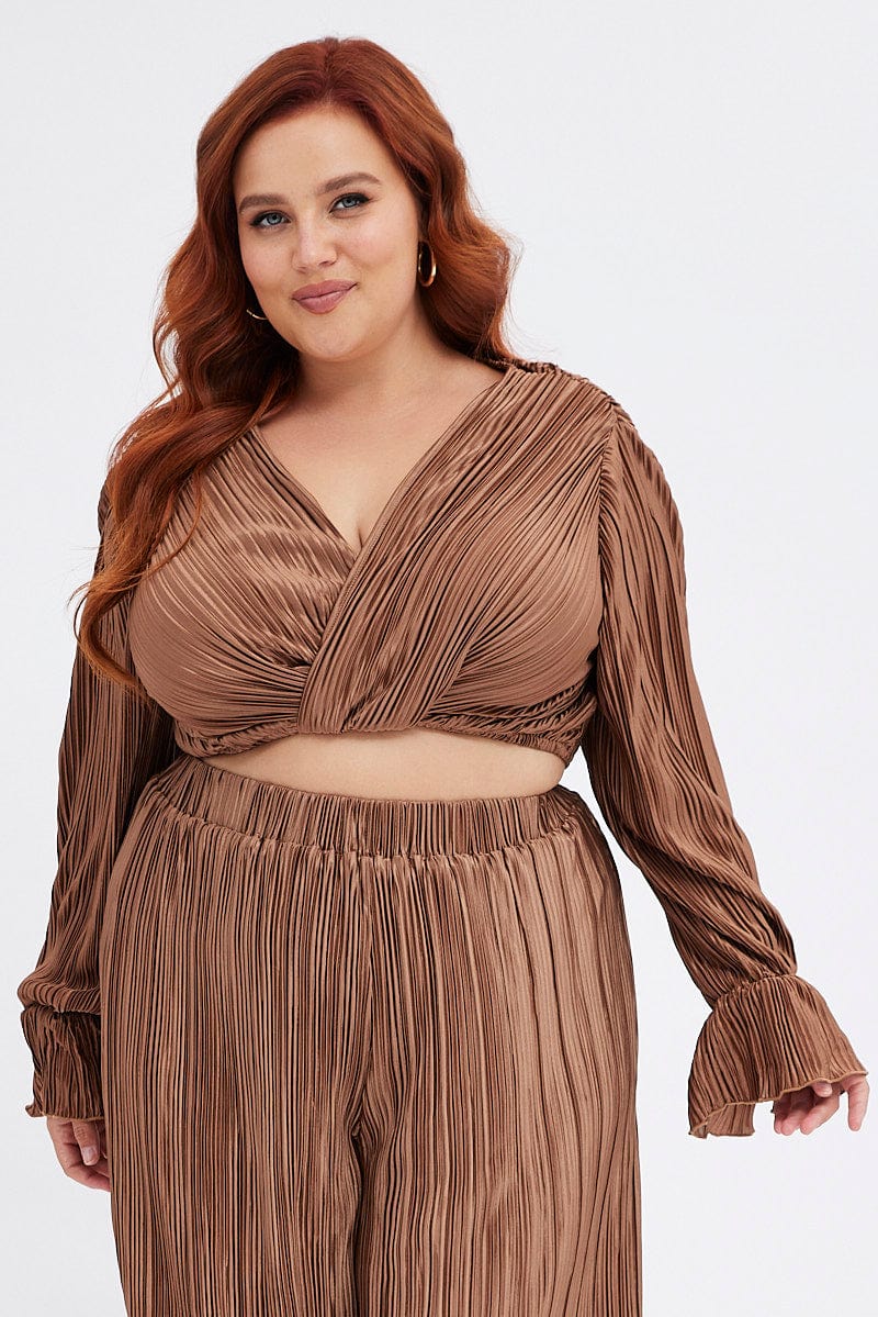 Brown Wrap Top Long Sleeve Crop Plisse for YouandAll Fashion