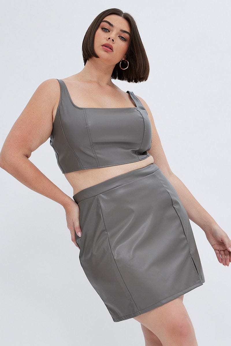 Grey Corset Top Sleeveless Faux Leather for YouandAll Fashion