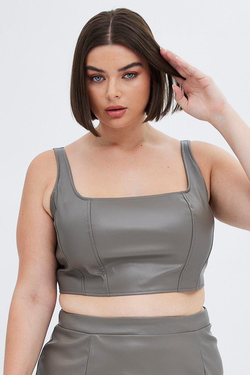 Grey Corset Top Sleeveless Faux Leather for YouandAll Fashion