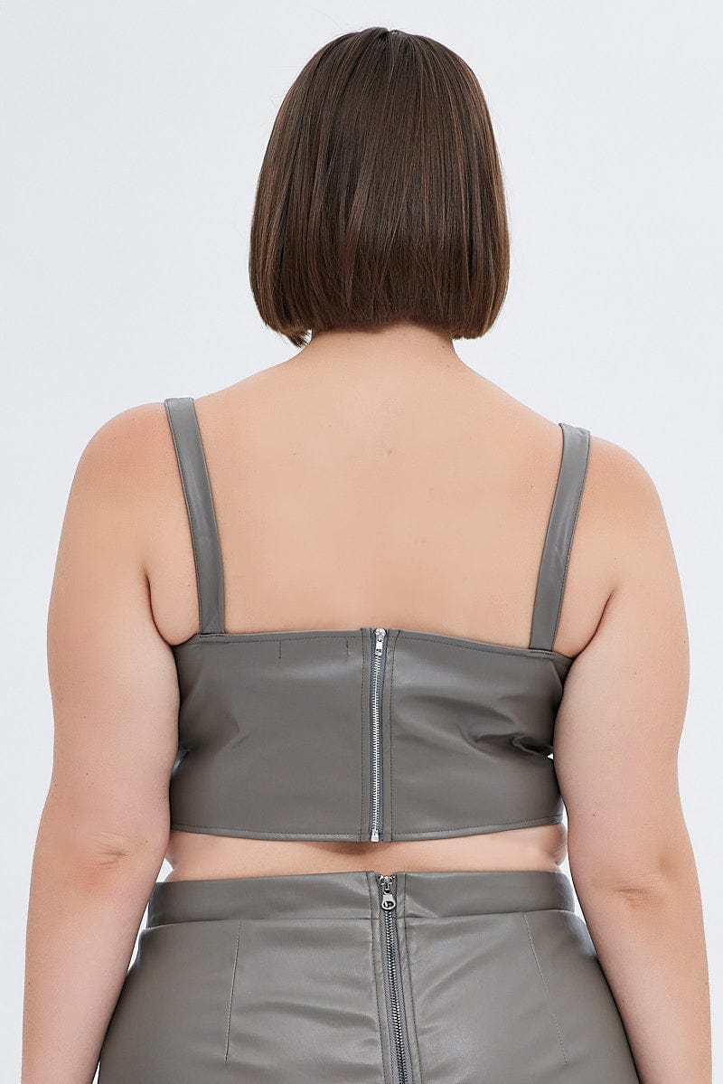 Grey Corset Top Sleeveless Faux Leather for YouandAll Fashion