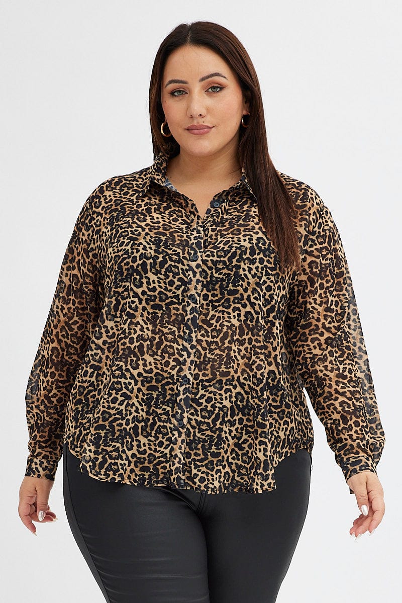 Brown Animal Print Relaxed Shirt Long Sleeve Chiffon for YouandAll Fashion