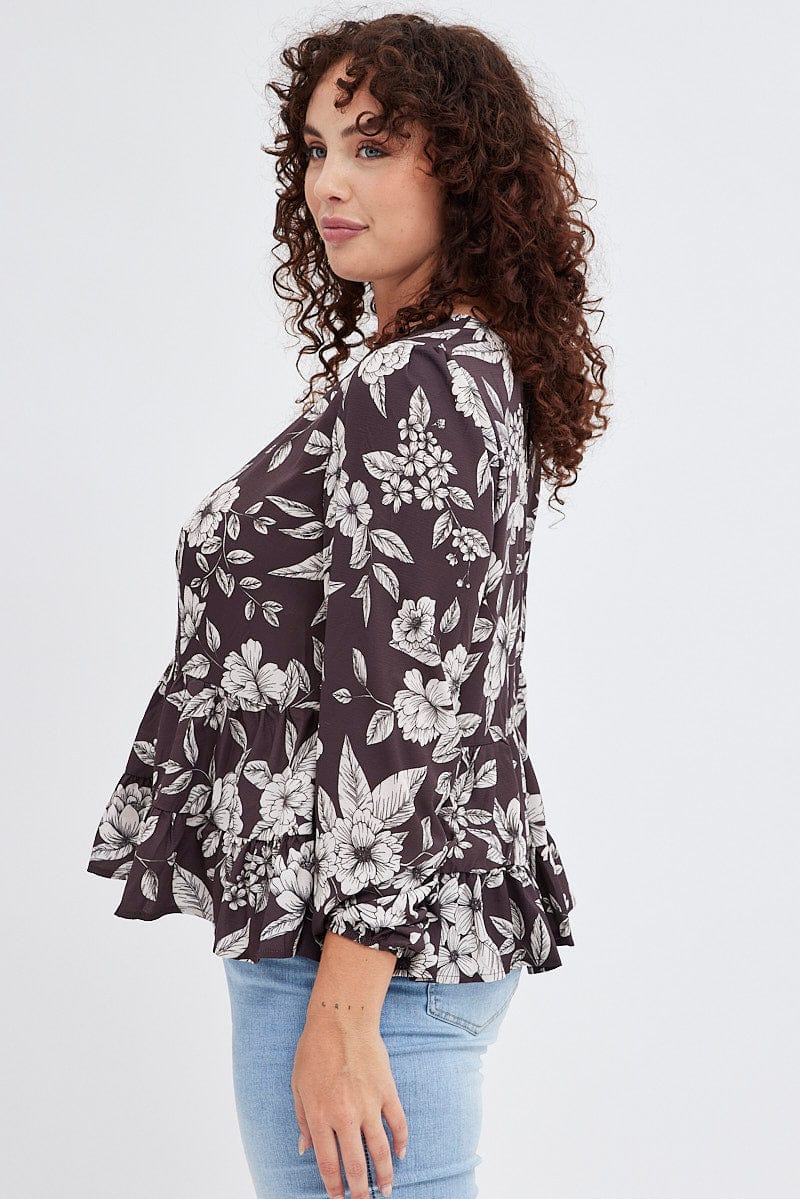 Brown Floral Smock Top Long Sleeve Tiered for YouandAll Fashion