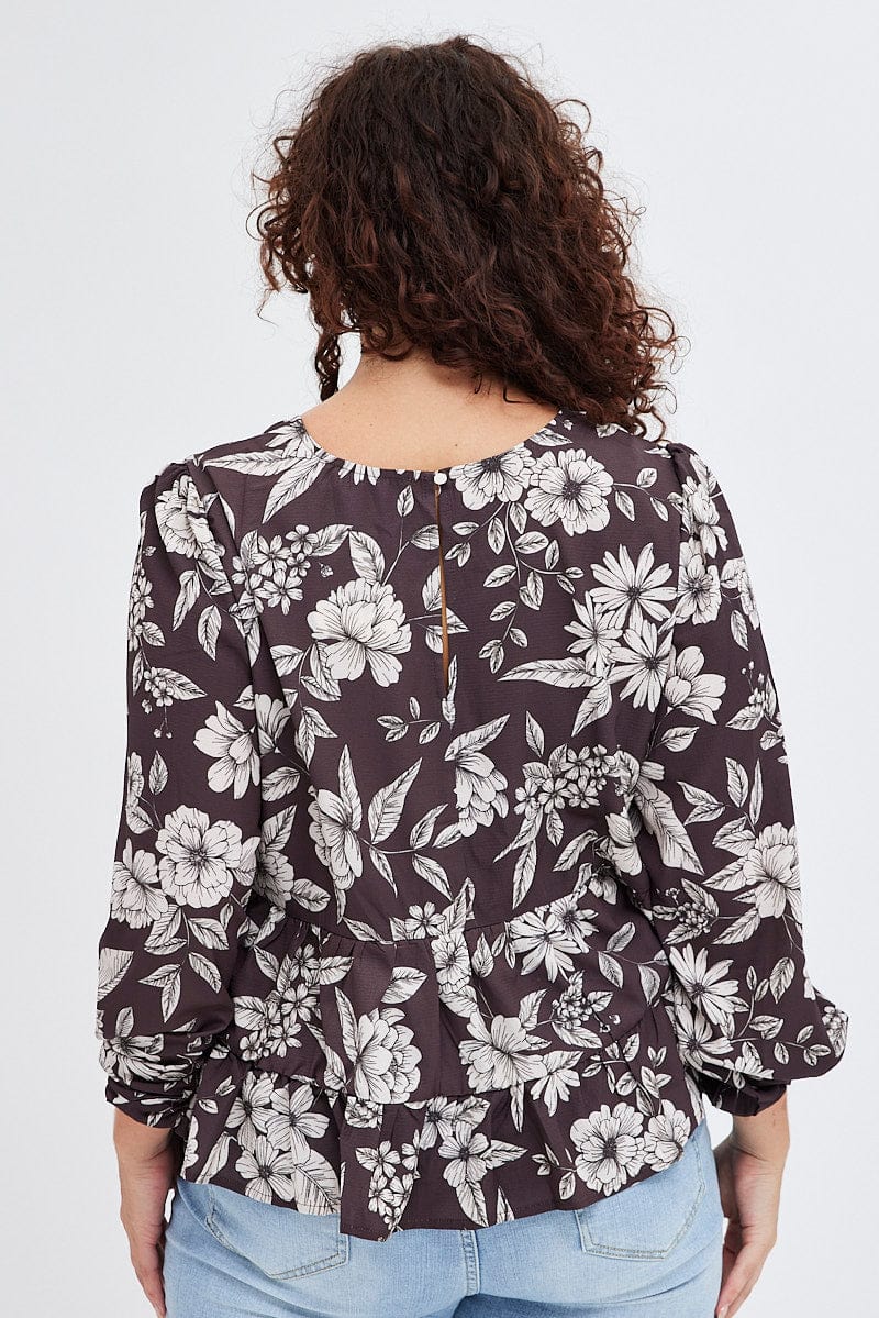 Brown Floral Smock Top Long Sleeve Tiered for YouandAll Fashion