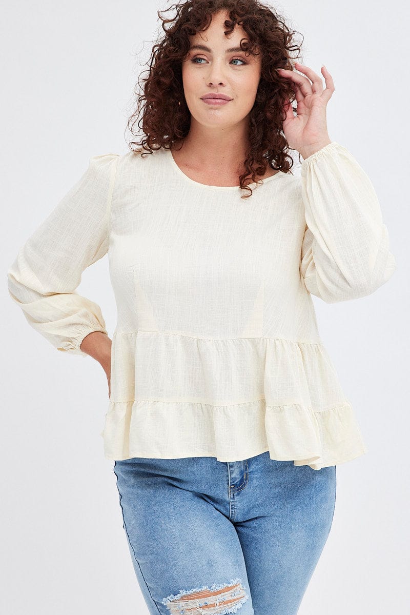 Beige Smock Top Long Sleeve Tiered for YouandAll Fashion