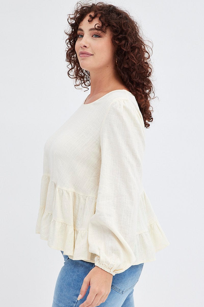 Beige Smock Top Long Sleeve Tiered for YouandAll Fashion