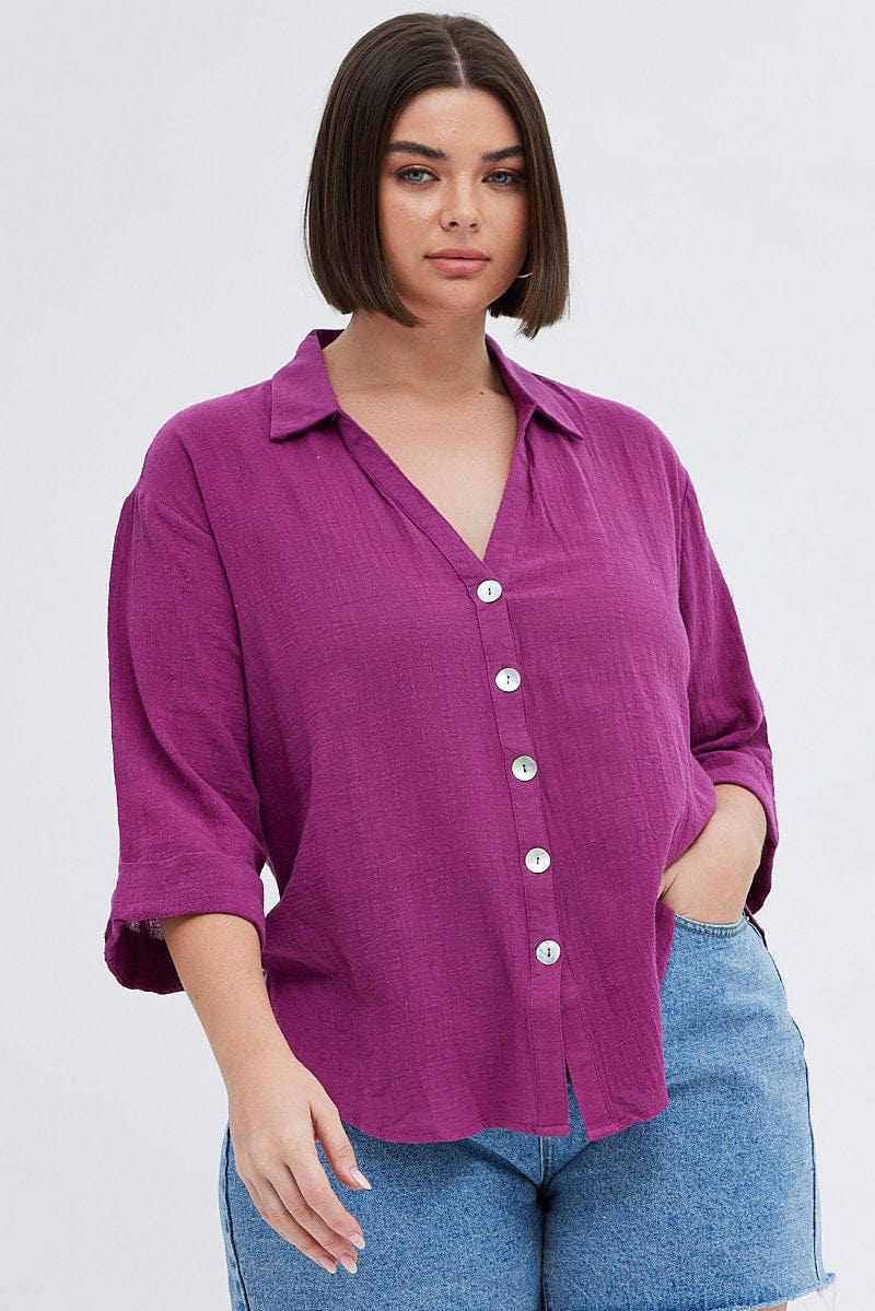 Purple Relaxed Shirt Three Quater Sleeve V-Neck for YouandAll Fashion