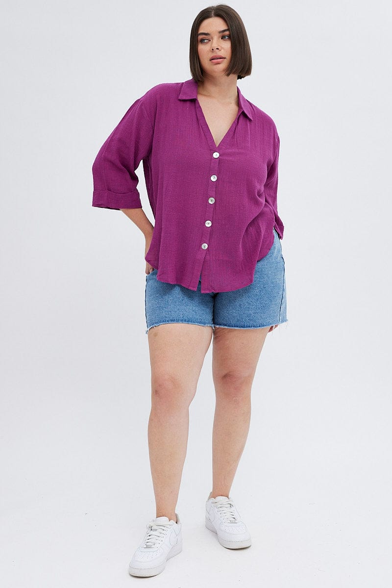 Purple Relaxed Shirt Three Quater Sleeve V-Neck for YouandAll Fashion