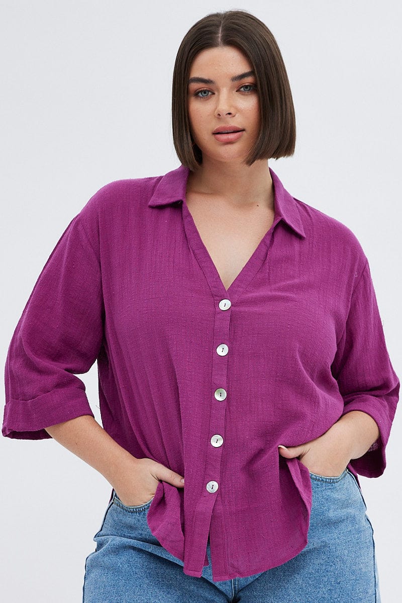 Purple Relaxed Shirt Three Quater Sleeve V-Neck for YouandAll Fashion