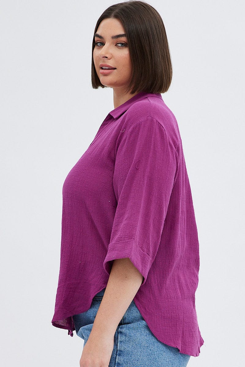 Purple Relaxed Shirt Three Quater Sleeve V-Neck for YouandAll Fashion