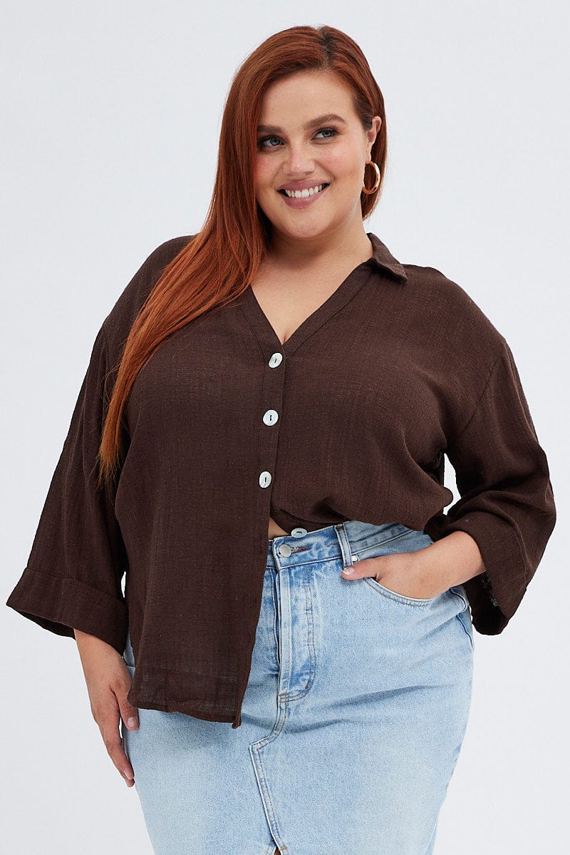 Brown Relaxed Shirt Three Quarter Sleeve V-Neck for YouandAll Fashion