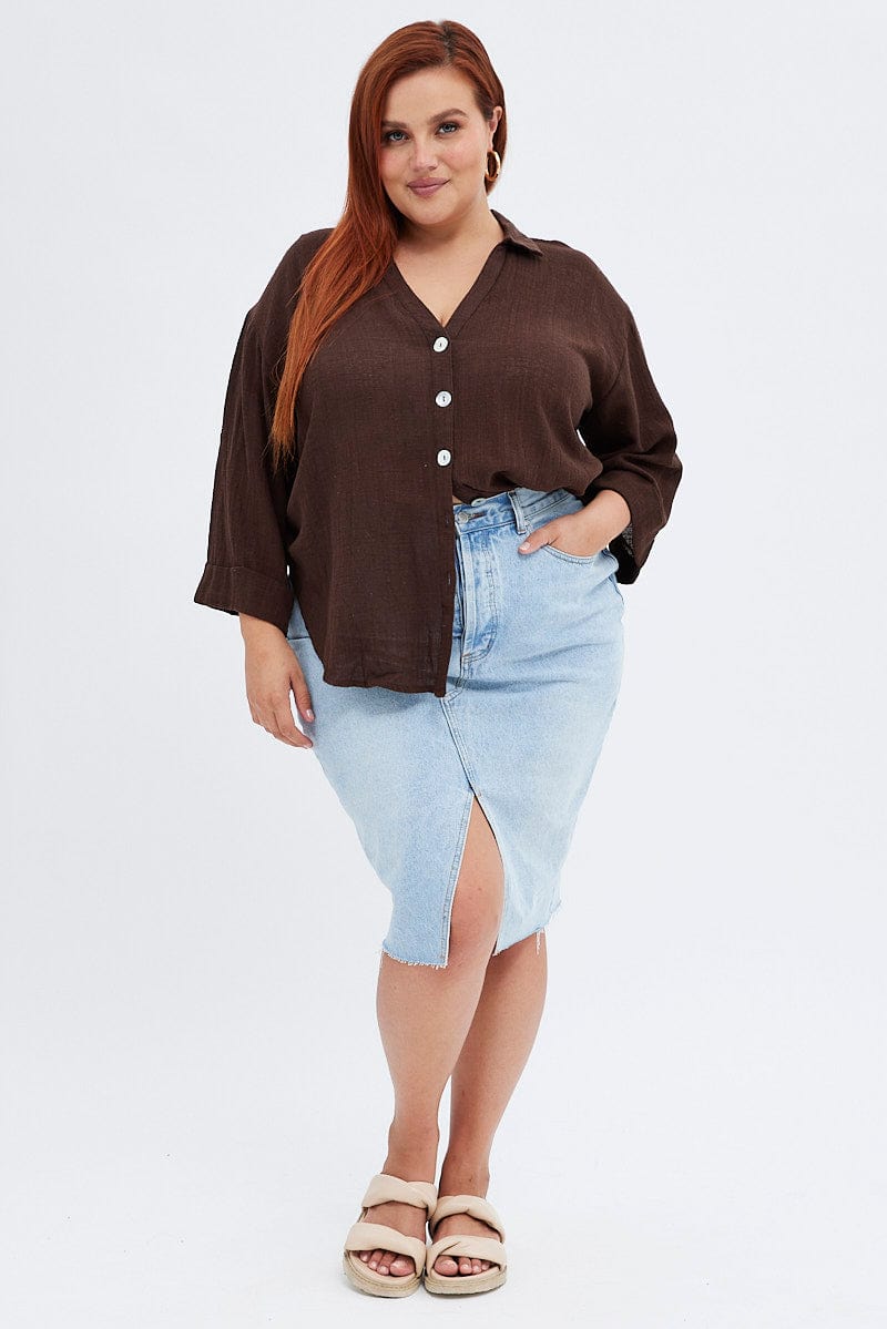 Brown Relaxed Shirt Three Quarter Sleeve V-Neck for YouandAll Fashion