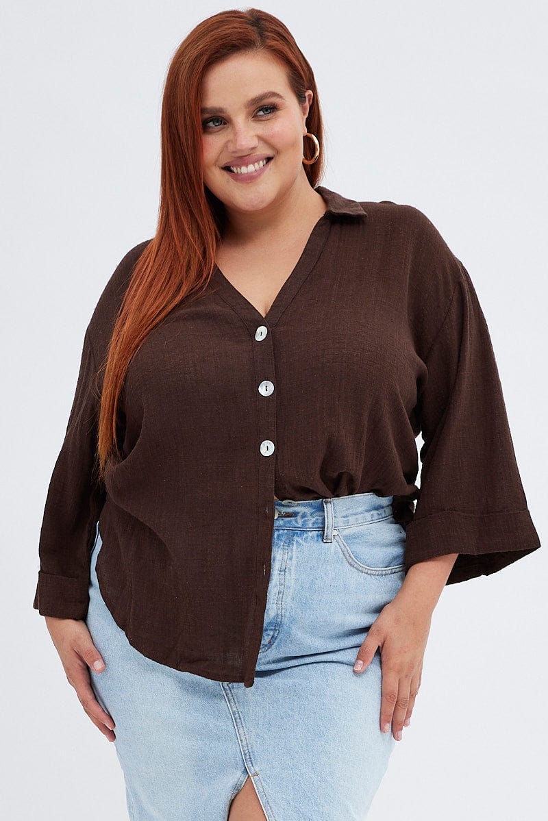 Brown Relaxed Shirt Three Quarter Sleeve V-Neck for YouandAll Fashion