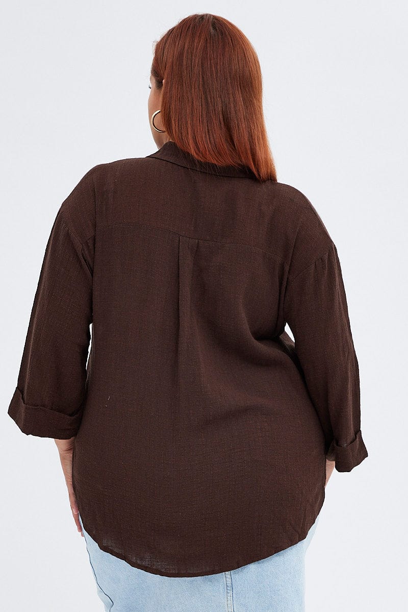 Brown Relaxed Shirt Three Quarter Sleeve V-Neck for YouandAll Fashion