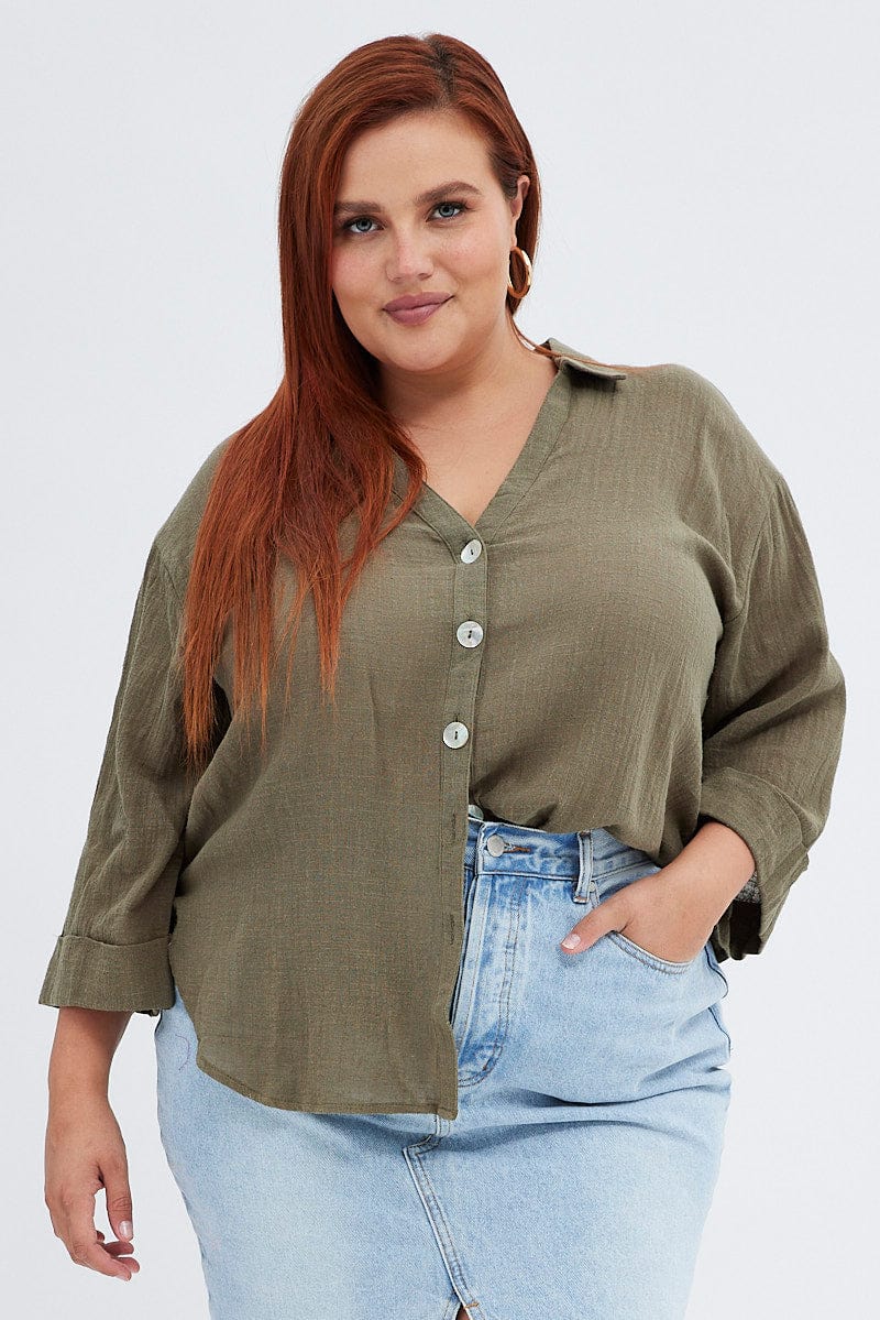 Green Relaxed Shirt Three Quarter Sleeve V-Neck for YouandAll Fashion