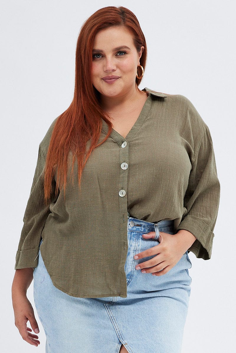 Green Relaxed Shirt Three Quarter Sleeve V-Neck for YouandAll Fashion