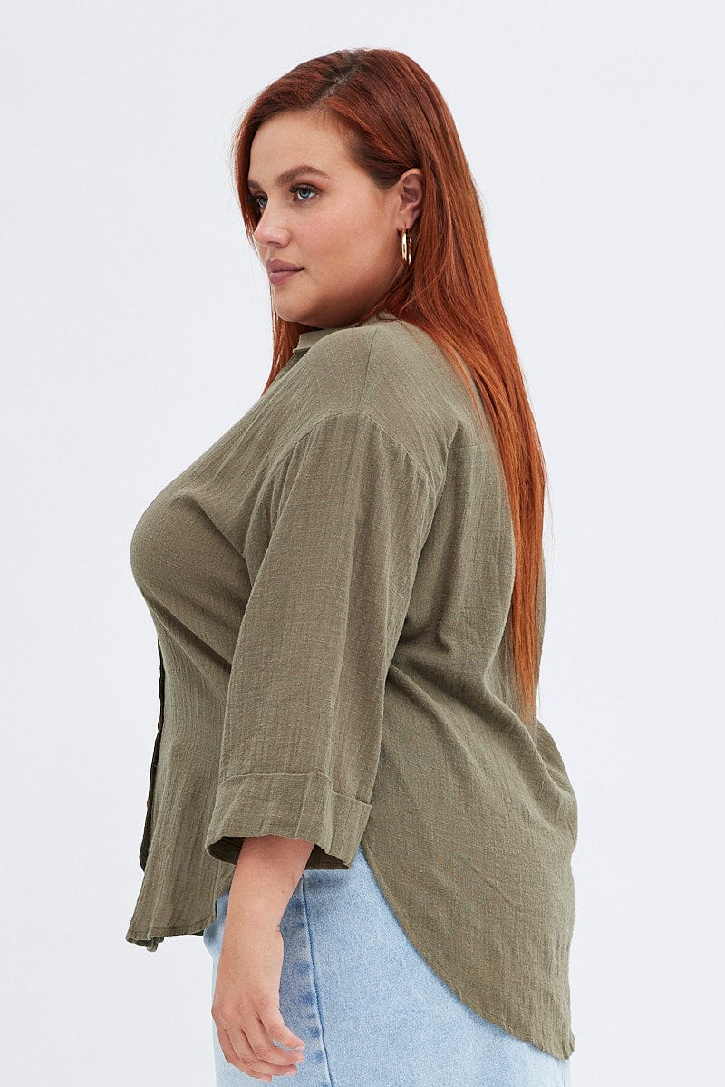 Green Relaxed Shirt Three Quarter Sleeve V-Neck for YouandAll Fashion