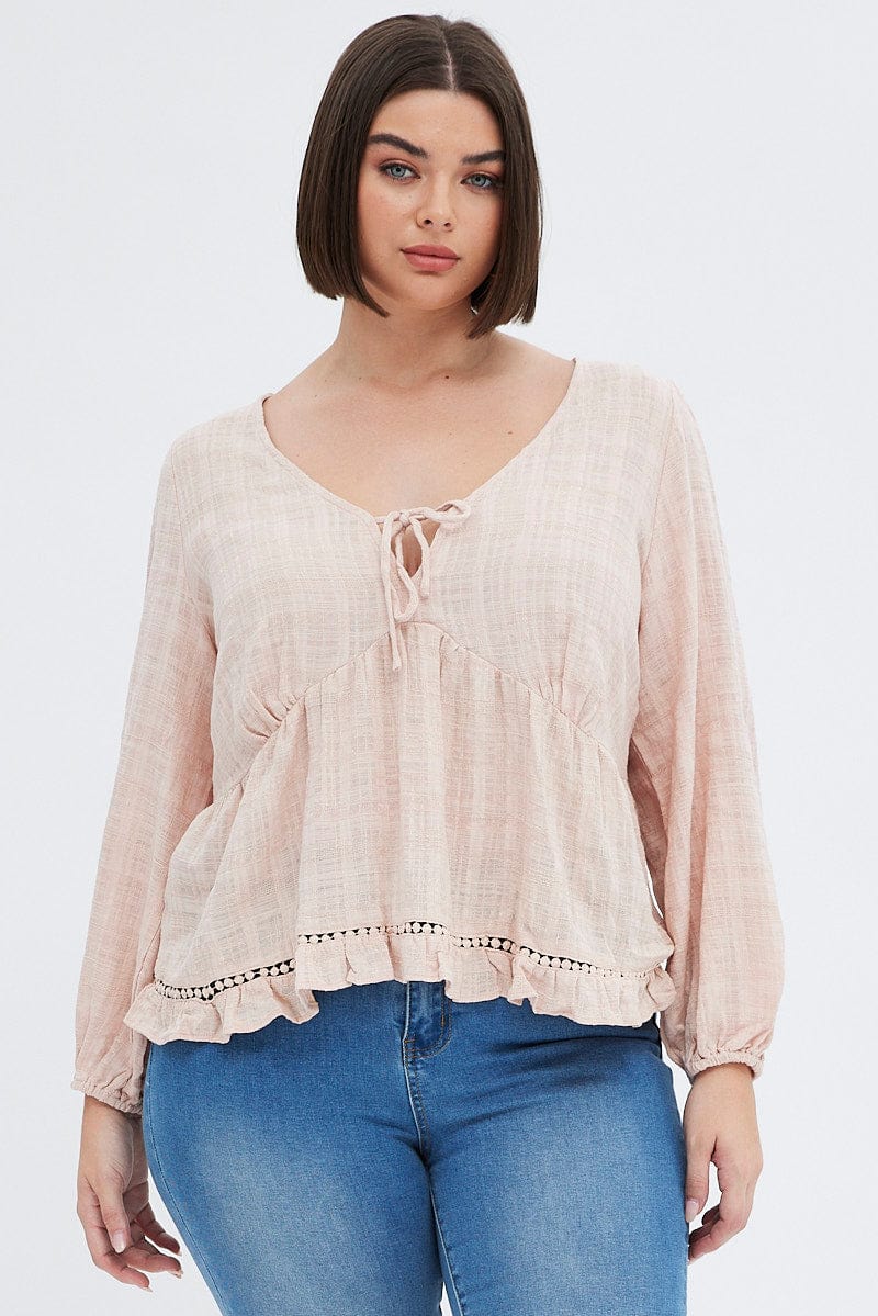 Beige Smock Top Long Sleeve V-Neck for YouandAll Fashion