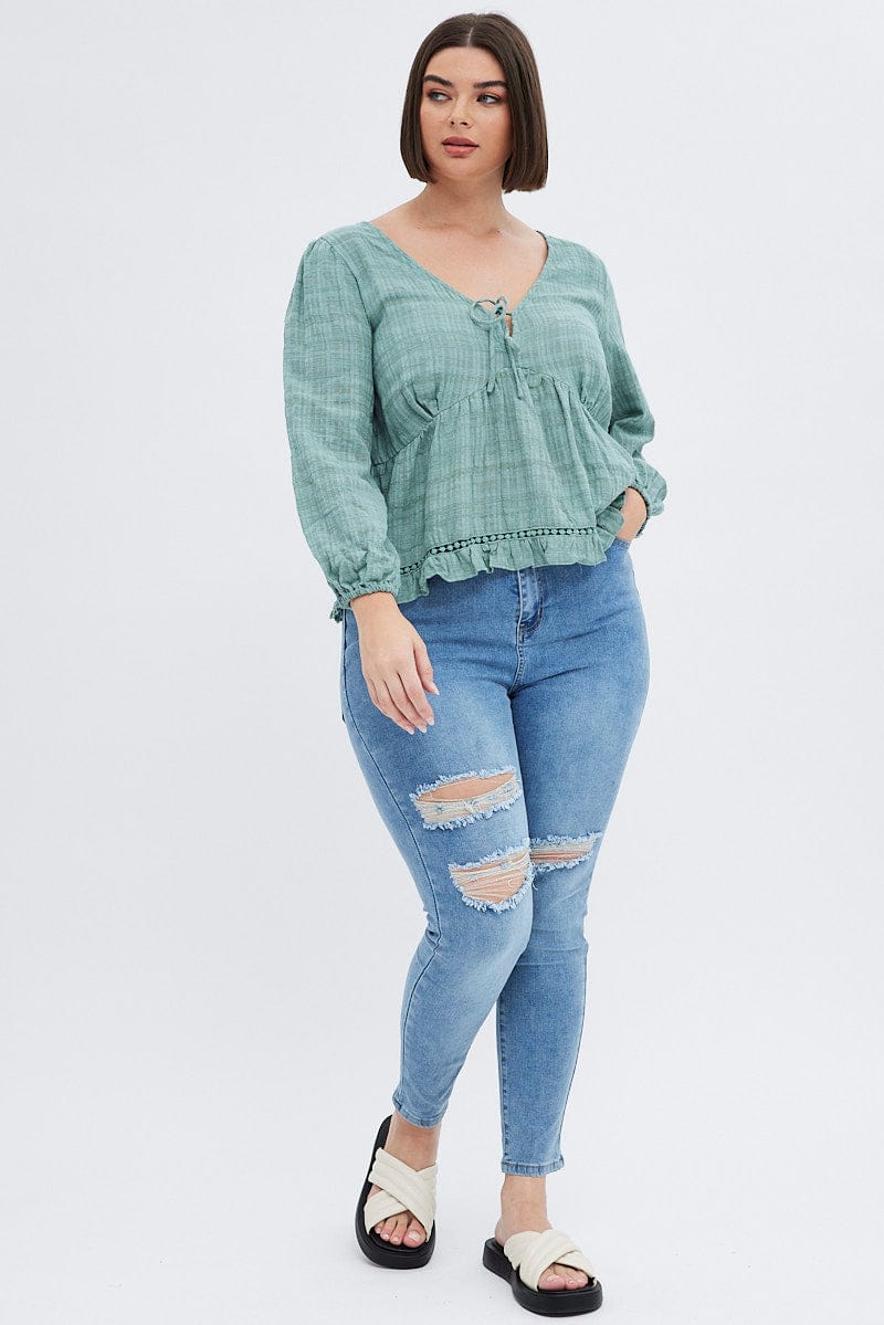 Green Smock Top Long Sleeve V-Neck for YouandAll Fashion