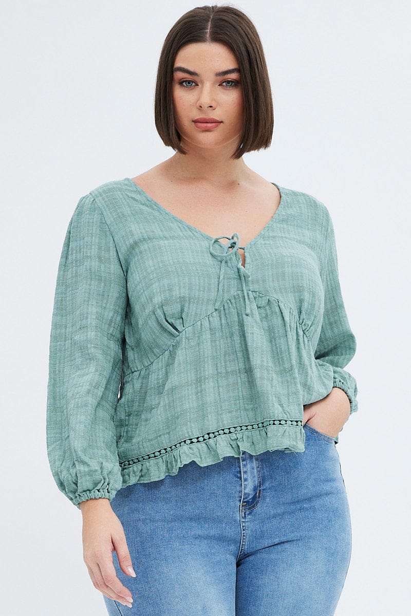 Green Smock Top Long Sleeve V-Neck for YouandAll Fashion