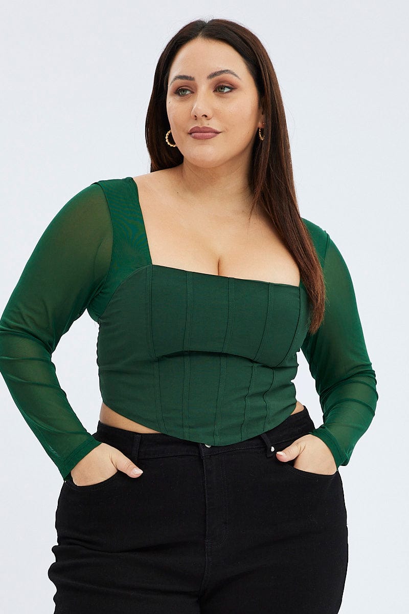 Green Crop Top Long Sleeve Mesh Corset for YouandAll Fashion
