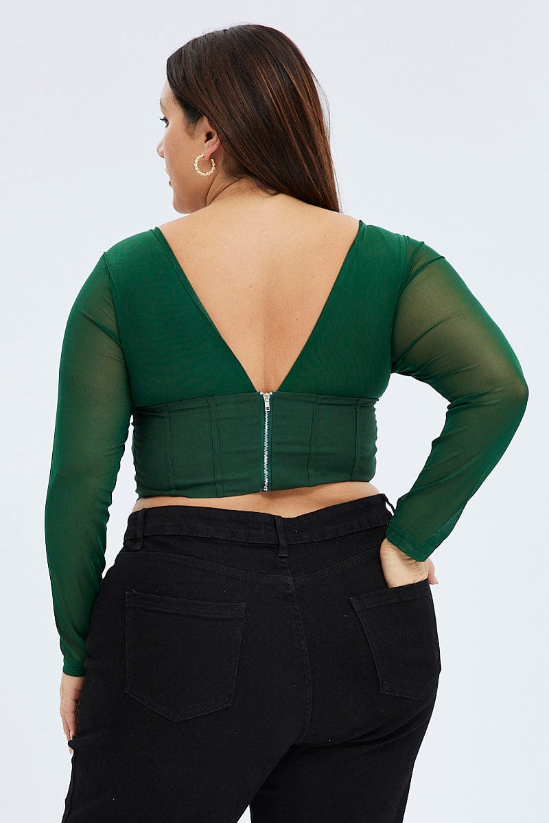 Green Crop Top Long Sleeve Mesh Corset for YouandAll Fashion