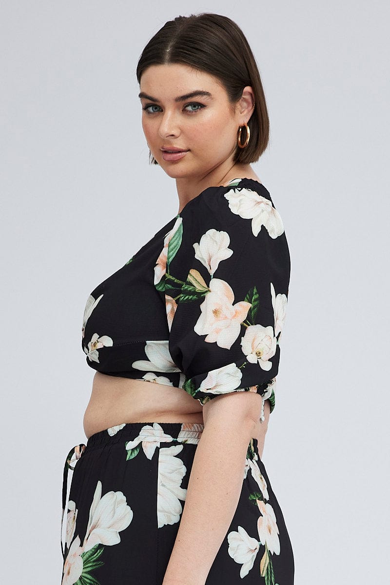 Black Floral Crop Top Short Sleeve Twist Front for YouandAll Fashion
