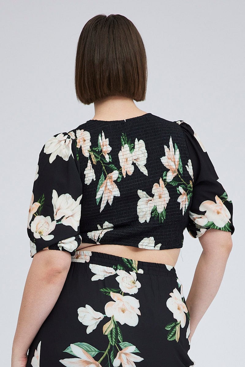 Black Floral Crop Top Short Sleeve Twist Front for YouandAll Fashion