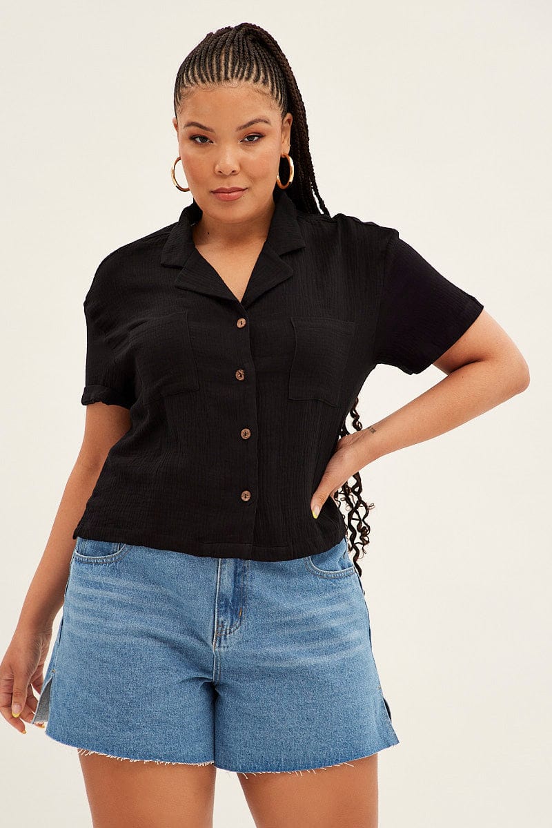 Black Crop Shirt Short Sleeve Button Up for YouandAll Fashion