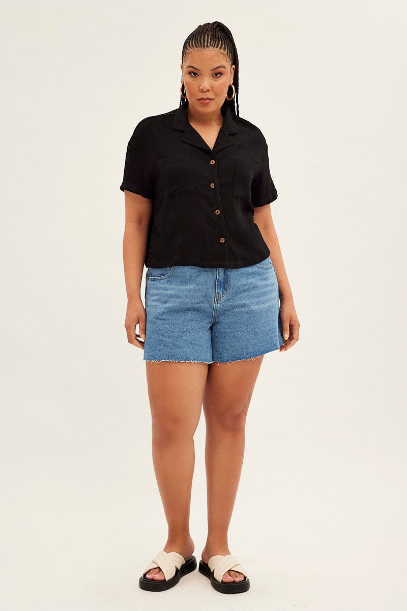 Black Crop Shirt Short Sleeve Button Up for YouandAll Fashion