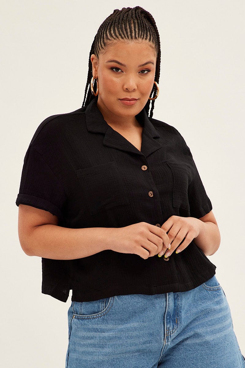 Black Crop Shirt Short Sleeve Button Up for YouandAll Fashion